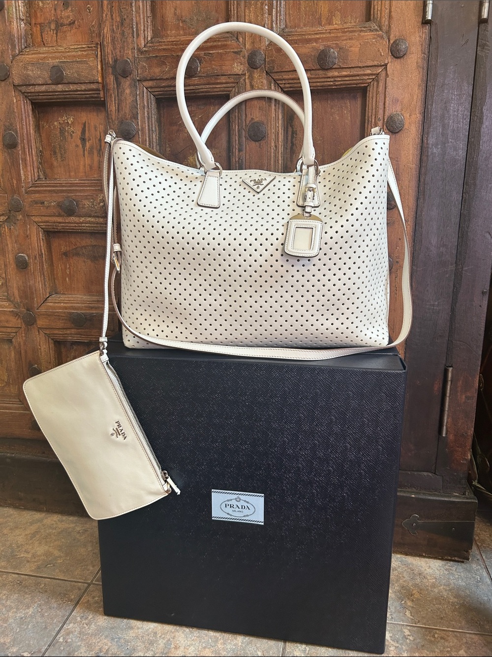 Prada Saffiano Fori Galleria Cream Perforated Leather Tote, Like new condition